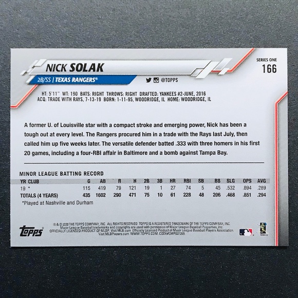 Nick Solak RC - 2020 Topps #166 - Picture 2 of 2